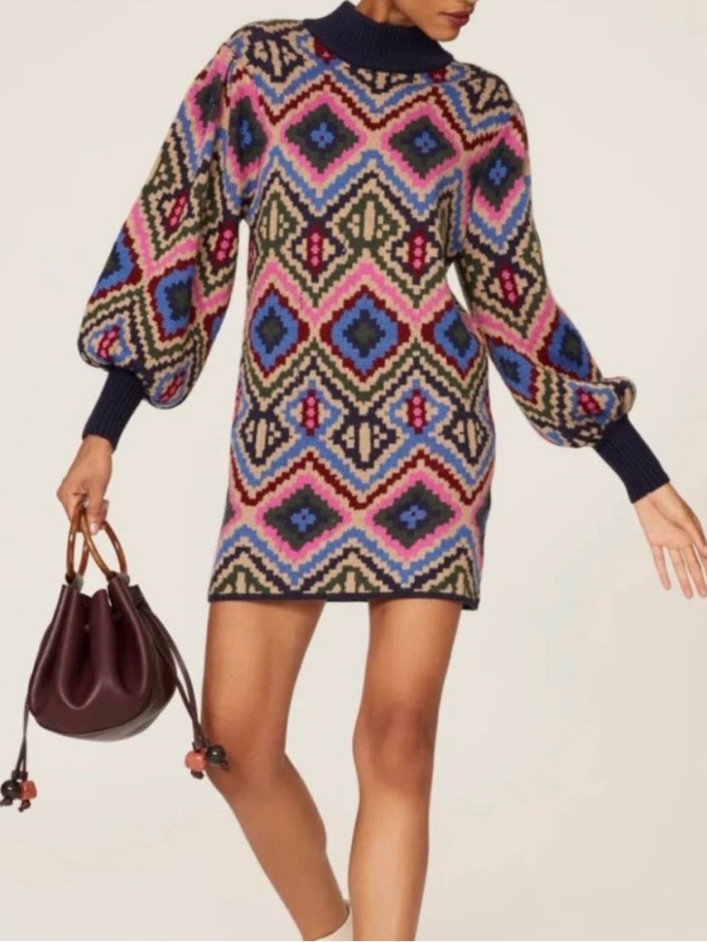 FARM Rio Rauti Long Sleeve Sweater Dress in Multi Color Geometric Print, XS.